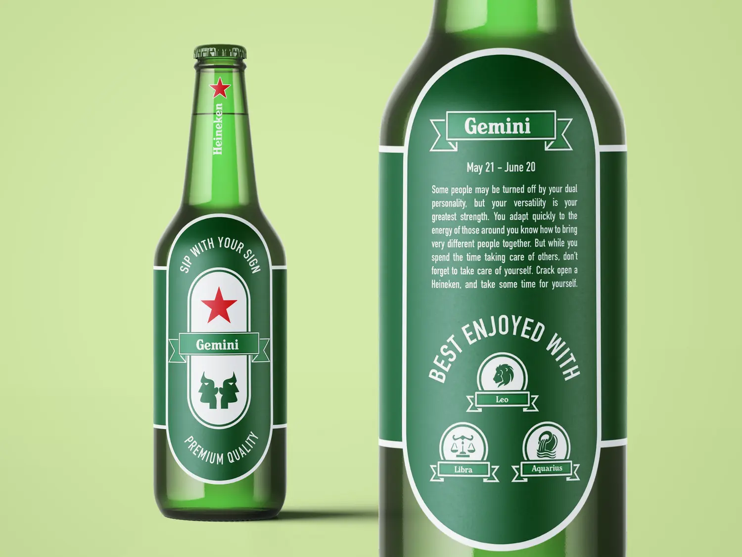 Close up of Gemini-themed Heineken bottle