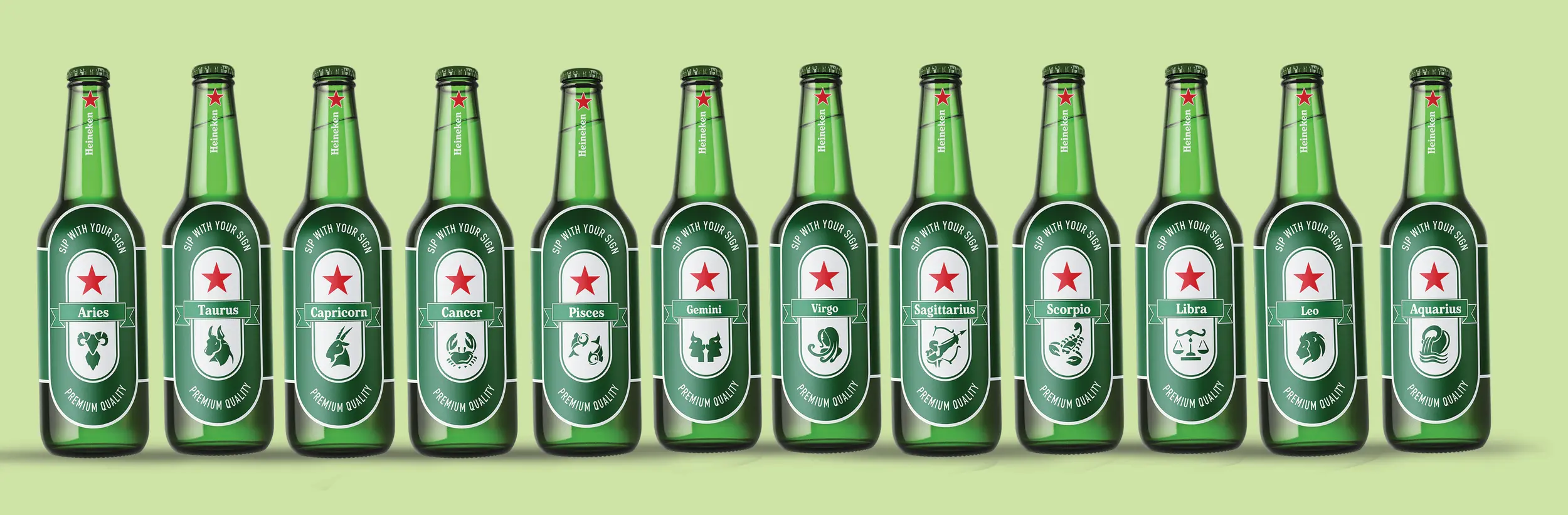 Front of Heineken bottles for each astrological sign